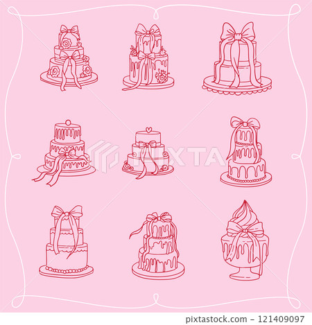 Set of birthday or wedding cakes with bows and leaks. Vector hand drawn illustration in Coquette retro sketch style. Holiday clipart for greeting cards and invitations 121409097