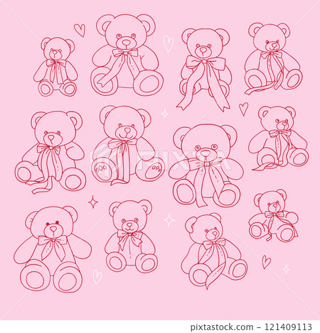 Simple line art set of a teddy bears with a bows, featuring minimalist style and playful design suitable for Valentine's themes. Hand drawn doodle vector illustration. 121409113