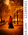 Woman surrounded by ginkgo trees in autumn park 121409161