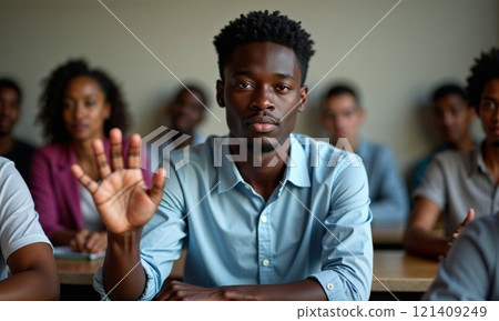 Young engaged student raising hand during classroom discussion with diverse peers in background. Thoughtful expression and blue polo shirt create professional academic atmosphere in university setting 121409249