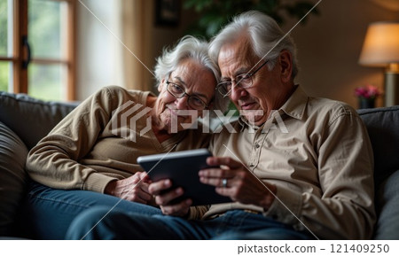 Elderly couple sharing intimate moment while browsing tablet together on cozy sofa at home. Warm lighting captures authentic connection and modern senior lifestyle 121409250