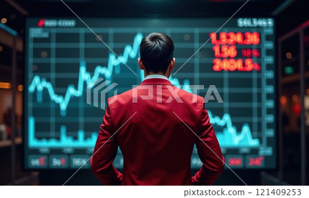 Businessman in striking red suit analyzing stock market data on large digital display. Dramatic rear view of trader watching financial charts, symbolizing modern investment and market volatility Businessman in striking red suit analyzing stock market data on large digital display. Dramatic rear view of trader watching financial charts, symbolizing modern investment and market volatility 121409253