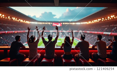 Friends watching soccer match from comfortable couch in stadium VIP area. Back view of young fans enjoying professional football game with perfect field view, representing modern sports entertainment 121409254