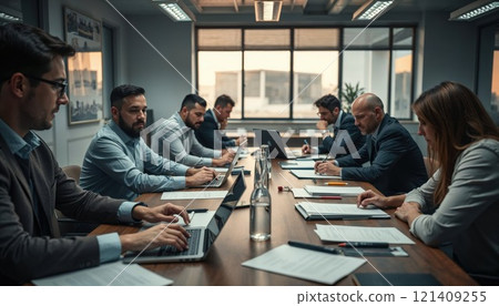 A professional meeting is in progress with eight individuals seated around a conference table, engaged in discussions and working on laptops. The atmosphere is focused and collaborative 121409255
