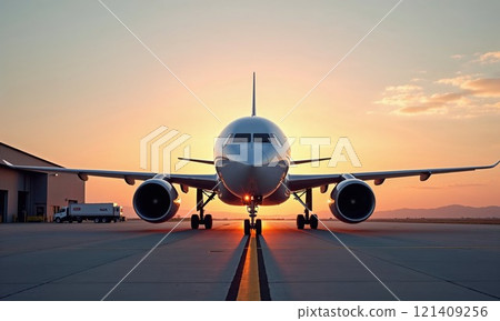 A large commercial airplane is positioned on the runway at sunset, with its nose facing the viewer. The scene captures the warm glow of the setting sun reflecting off the aircraft's body, creating a A large commercial airplane is positioned on the runway at sunset, with its nose facing the viewer. The scene captures the warm glow of the setting sun reflecting off the aircraft's body, creating a 121409256