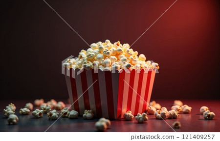 A vibrant and appetizing bowl of popcorn sits in a classic red-and-white striped container, with some popcorn scattered around it. The rich, warm lighting creates an inviting atmosphere, perfect for 121409257