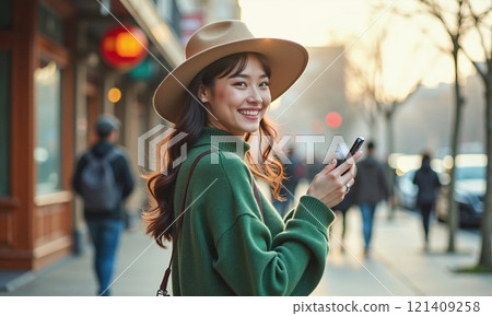 A cheerful young woman smiles while standing on a bustling city street, holding a smartphone. She wears a cozy green sweater and a stylish beige hat, exuding a sense of joy and confidence as she A cheerful young woman smiles while standing on a bustling city street, holding a smartphone. She wears a cozy green sweater and a stylish beige hat, exuding a sense of joy and confidence as she 121409258