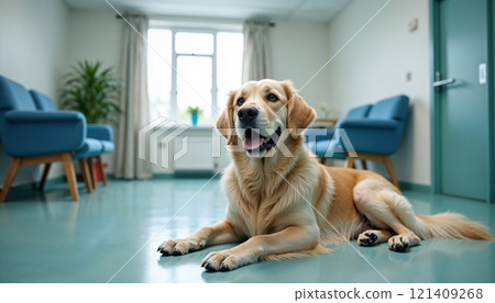 A cheerful golden retriever lies on the floor in a well-lit, modern waiting room, surrounded by blue chairs and green plants, exuding warmth and friendliness 121409268