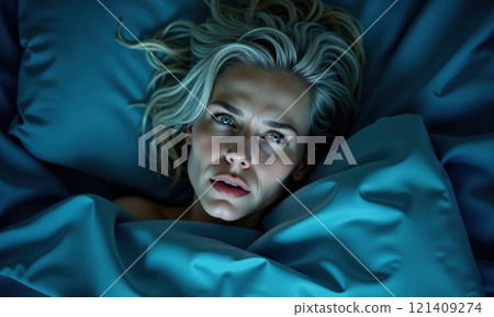 A woman lies in bed with tousled hair and a contemplative expression, surrounded by luxurious blue satin sheets, evoking a serene yet introspective mood 121409274