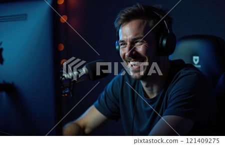 Smiling man with headphones and microphone streaming or recording a podcast in a dimly lit, cozy studio 121409275