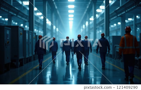 Workers in protective gear walking through an industrial facility, showcasing teamwork, discipline, and industrial strength in a factory setting 121409290