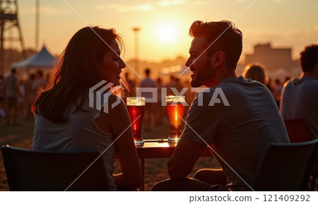 Couple enjoying drinks at sunset, sharing smiles and warm moments outdoors at a summer festival 121409292