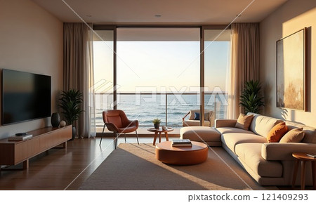 Modern living room with ocean view, featuring cozy furniture, warm lighting, and a serene ambiance, perfect for relaxation and coastal living Modern living room with ocean view, featuring cozy furniture, warm lighting, and a serene ambiance, perfect for relaxation and coastal living 121409293
