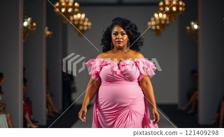 Confident plus-size model walking runway in pink dress, showcasing elegance, empowerment, and body positivity, highlighted by stylish chandeliers in modern fashion show setting 121409298