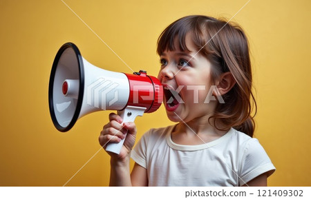 Excited young girl with megaphone shouting, expressing enthusiasm, energy, and communication, isolated on a vibrant yellow background Excited young girl with megaphone shouting, expressing enthusiasm, energy, and communication, isolated on a vibrant yellow background 121409302