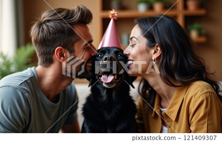 Happy couple celebrating with their dog wearing a party hat, symbolizing love, joy, and the bond between pets and owners in a warm, festive atmosphere 121409307