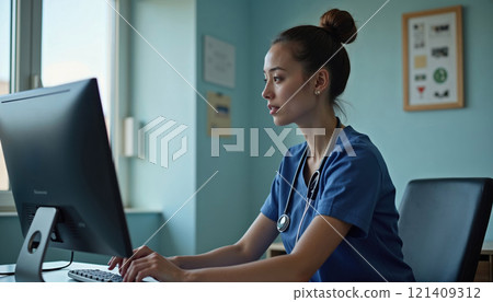 Focused nurse in scrubs working on a computer in a medical office. A professional scene showcasing healthcare dedication, modern technology, and patient care management 121409312