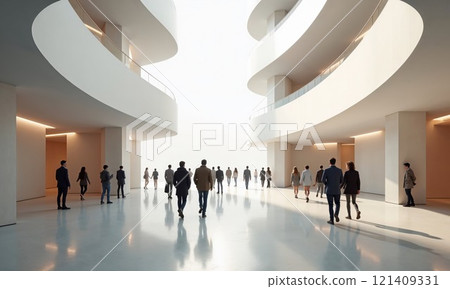 A modern architectural space with sleek lines and curves features people walking through it. The bright, airy environment is enhanced by large openings, creating a sense of movement and openness as 121409331