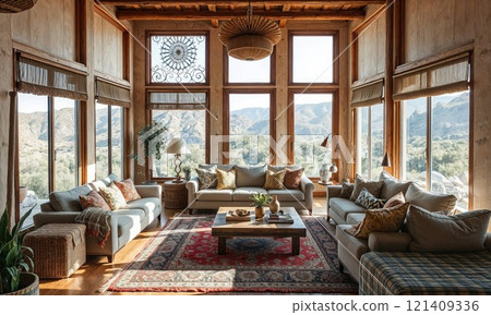Luxurious mountain retreat living room with panoramic windows showcasing dramatic mountain views. Rustic-elegant interior features comfortable seating, Persian rugs, and natural light Luxurious mountain retreat living room with panoramic windows showcasing dramatic mountain views. Rustic-elegant interior features comfortable seating, Persian rugs, and natural light 121409336