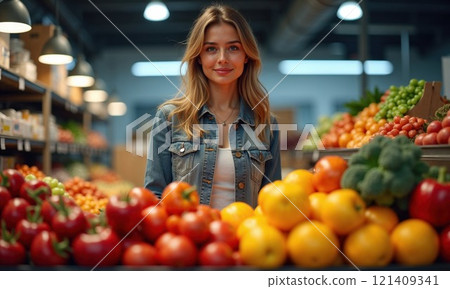 A young woman smiles warmly while standing in a vibrant produce market, surrounded by fresh fruits and vegetables. Her casual denim jacket complements the colorful display of produce, creating an 121409341