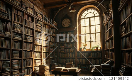 A cozy library filled with shelves of books, illuminated by soft sunlight streaming through a large window. A wooden table, stacked with books, sits in the center, creating an inviting atmosphere for 121409342