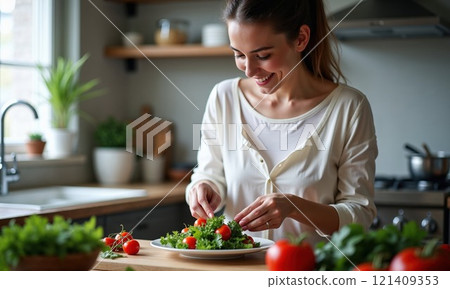 smiling woman preparing a fresh salad in a bright, modern kitchen. She is arranging cherry tomatoes and greens on a plate, surrounded by fresh vegetables and plants on the counter smiling woman preparing a fresh salad in a bright, modern kitchen. She is arranging cherry tomatoes and greens on a plate, surrounded by fresh vegetables and plants on the counter 121409353