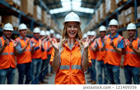 cheerful female construction worker in a warehouse, wearing a white hard hat and an orange safety vest. She is clapping and smiling, surrounded by a group of similarly dressed workers who are 121409356