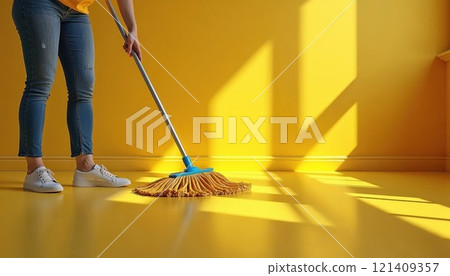 person mopping a brightly lit yellow room. The person is wearing jeans and white sneakers, and the mop has an orange head with a blue handle. The sunlight streaming through the window casts geometric 121409357