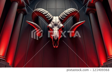 A large, menacing ram skull with spiraled horns is mounted against a dark background, illuminated with red light, creating a dramatic and eerie atmosphere 121409368