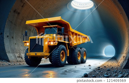 Massive yellow mining dump truck positioned in an illuminated underground tunnel with dramatic light streaming through a ceiling opening, showcasing industrial engineering power 121409369