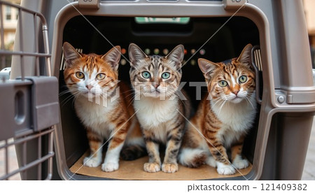 Three adorable cats are sitting calmly in a carrier while looking at the camera Three adorable cats are sitting calmly in a carrier while looking at the camera 121409382