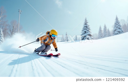 A skier in bright yellow helmet and orange jacket carves down a snowy slope, with snow-covered pine trees in the background against a clear blue winter sky 121409392