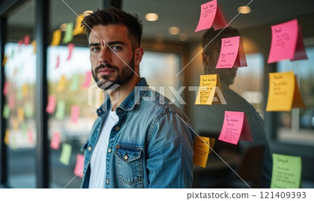 A professional stands near a glass wall covered in colorful sticky notes in an office setting, wearing a denim jacket and white t-shirt, suggesting a creative or planning environment 121409393