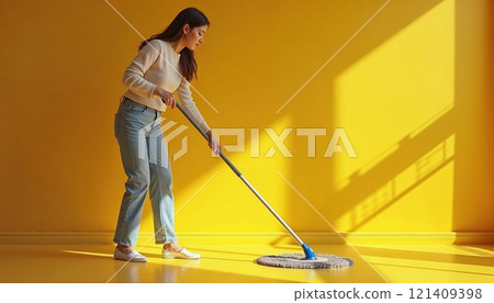 A young woman cleaning a brightly lit yellow room with a mop, showcasing a minimalist lifestyle, hygiene, and modern home care. Bright, clean, and inspiring A young woman cleaning a brightly lit yellow room with a mop, showcasing a minimalist lifestyle, hygiene, and modern home care. Bright, clean, and inspiring 121409398