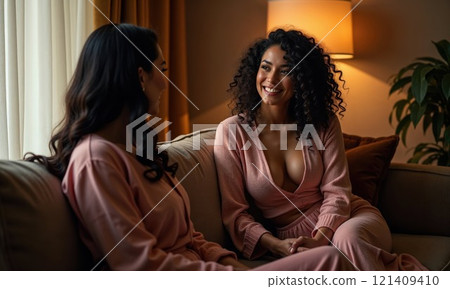 two women sitting on a sofa, engaged in a warm and friendly conversation. They are smiling and wearing comfortable, cozy outfits. The room is softly lit, with a lamp in the background adding to the two women sitting on a sofa, engaged in a warm and friendly conversation. They are smiling and wearing comfortable, cozy outfits. The room is softly lit, with a lamp in the background adding to the 121409410