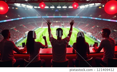 group of fans watching a live soccer match in a large stadium. The focus is on the enthusiastic crowd, with one person raising their hands in excitement. The field is brightly lit, and the stadium is group of fans watching a live soccer match in a large stadium. The focus is on the enthusiastic crowd, with one person raising their hands in excitement. The field is brightly lit, and the stadium is 121409412