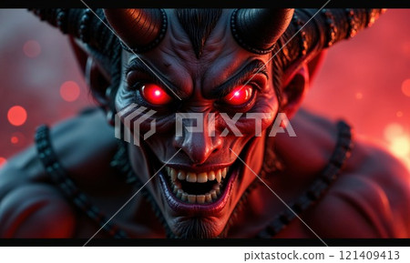 menacing demon-like figure with glowing red eyes, sharp teeth, and large curved horns. The creature's expression is aggressive, with intense lighting highlighting its sinister features, set against a 121409413