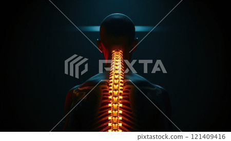 glowing spine of a person seen from behind in a dark environment. The spine is highlighted in orange and yellow, symbolizing health, structure, or possibly pain, with a focus on anatomy and the 121409416