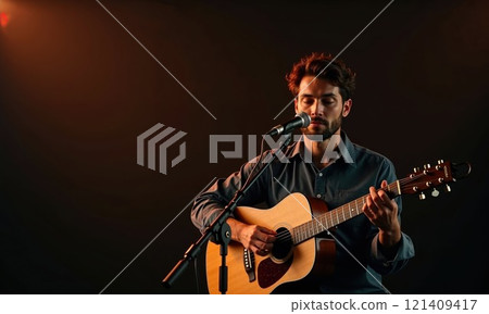 man performing on stage, playing an acoustic guitar and singing into a microphone. The lighting is warm and focused on the performer, creating an intimate and calm atmosphere, with the background man performing on stage, playing an acoustic guitar and singing into a microphone. The lighting is warm and focused on the performer, creating an intimate and calm atmosphere, with the background 121409417