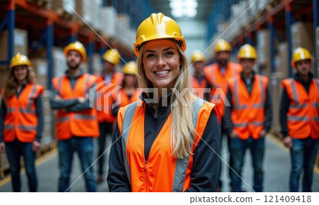 Confident woman in safety gear smiling in a warehouse, surrounded by a team in reflective vests. A vibrant representation of teamwork, leadership, and professionalism 121409418