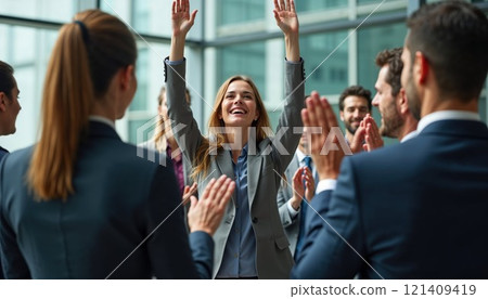 Business people applaud a woman with her arms raised 121409419