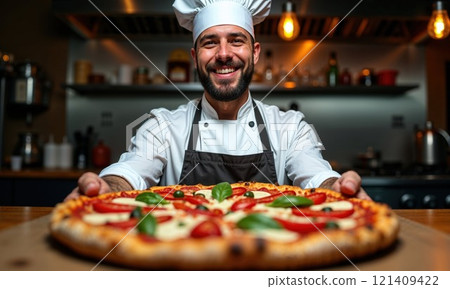 Proud chef presenting freshly made Margherita pizza with bright smile in restaurant kitchen. Classic chef's whites and authentic Italian pizza create perfect composition for culinary expertise Proud chef presenting freshly made Margherita pizza with bright smile in restaurant kitchen. Classic chef's whites and authentic Italian pizza create perfect composition for culinary expertise 121409422