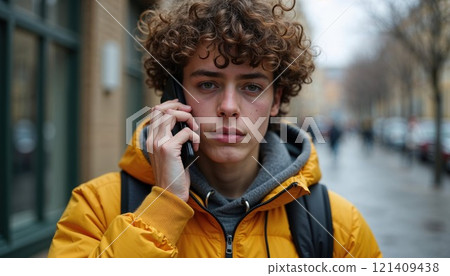 A young man with curly hair is engaged in conversation on his cell phone A young man with curly hair is engaged in conversation on his cell phone 121409438