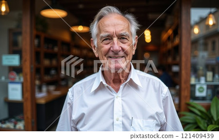 Cheerful senior man in crisp white shirt smiling warmly at camera inside cozy cafe or restaurant. Authentic portrait capturing wisdom and joy in later years. Perfect for senior lifestyle Cheerful senior man in crisp white shirt smiling warmly at camera inside cozy cafe or restaurant. Authentic portrait capturing wisdom and joy in later years. Perfect for senior lifestyle 121409439