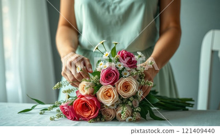 arranging a bouquet of roses and daisies on a table. The flowers are in shades of pink, peach, and cream, and the person is dressed in a light green dress, focusing on the floral arrangement arranging a bouquet of roses and daisies on a table. The flowers are in shades of pink, peach, and cream, and the person is dressed in a light green dress, focusing on the floral arrangement 121409440