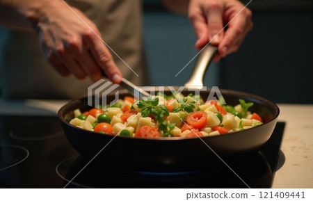 pan of vegetables, including carrots, peas, and potatoes, on a stovetop. The dish is colorful and garnished with fresh herbs, suggesting a healthy and vibrant meal being prepared pan of vegetables, including carrots, peas, and potatoes, on a stovetop. The dish is colorful and garnished with fresh herbs, suggesting a healthy and vibrant meal being prepared 121409441