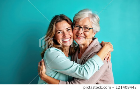 Heartwarming portrait of mother and adult daughter embracing and smiling against turquoise background. Genuine moment of family connection and joy captures intergenerational bond 121409442
