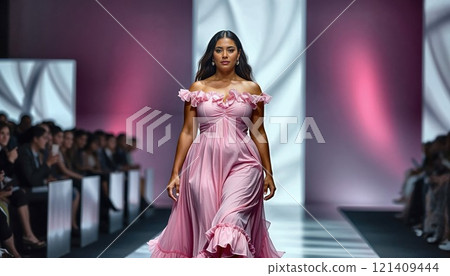 Confident plus-size model wearing flowing pink evening gown on fashion runway. Professional model showcasing inclusive haute couture design at prestigious fashion show with dramatic lighting 121409444