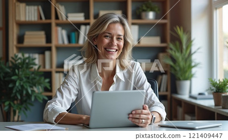 Professional woman with blonde hair radiantly smiling while working on tablet in modern home office. Bright white shirt and natural lighting create fresh, optimistic atmosphere with bookshelf Professional woman with blonde hair radiantly smiling while working on tablet in modern home office. Bright white shirt and natural lighting create fresh, optimistic atmosphere with bookshelf 121409447