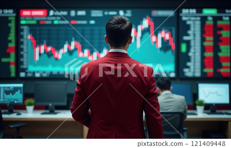 A businessman in a red suit analyzing fluctuating stock market graphs on multiple monitors. A modern depiction of finance, investment, and data-driven decision-making A businessman in a red suit analyzing fluctuating stock market graphs on multiple monitors. A modern depiction of finance, investment, and data-driven decision-making 121409448